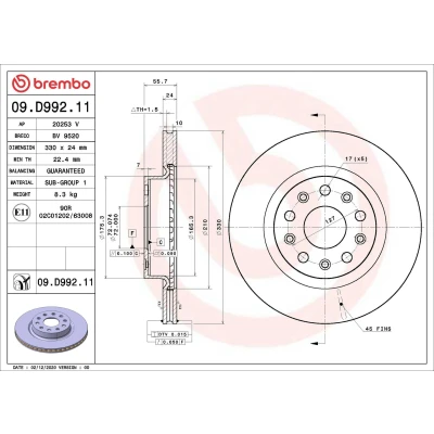Kuva BREMBO 09.D992.11 Jarrulevyt 330 24 5 tuuletettu sisältä pinnoitettu