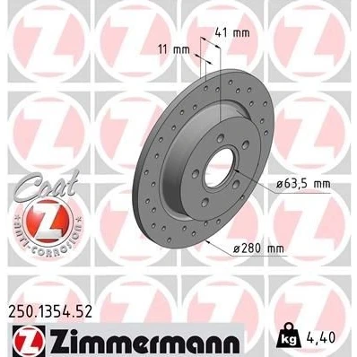 Kuva ZIMMERMANN 250.1354.52 Jarrulevyt 280 11 5/5 5 108 täysi, reijitetty pinnoitettu VOLVO: V50, C30, S40 II, FORD: Focus 2 Kombi, 2, C Max