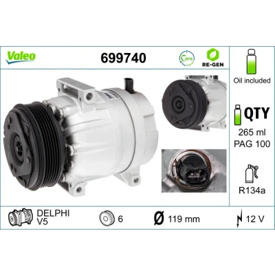 Kuva VALEO 699740 Ilmastoinnin Kompressori V5 12 PAG 100 R 134a kompressoriöljyllä REMANUFACTURED RENAULT: LAGUNA 2, 2 Grandtour