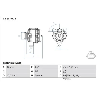 Kuva BOSCH 0 986 045 891 Laturi 14V 70A TOYOTA: HILUX 6 Pick up, 5 Land Cruiser Prado 90