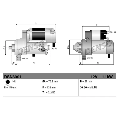Kuva DENSO DSN3001 Starttimoottori 12 1,1 10 FORD: MONDEO 4 Turnier, Focus 2 Kombi, FIESTA 6, VOLVO: V50, S40 II, MAZDA: Hatchback