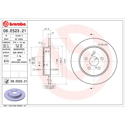 Kuva BREMBO 08.E523.21 Jarrulevyt 274 10 5 täysi pinnoitettu