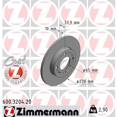 Kuva ZIMMERMANN COAT Z 600.3204.20 Jarrulevyt 239 10 5/4 4 100 täysi pinnoitettu VOLKSWAGEN: Polo III Hatchback