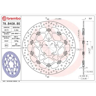 Kuva BREMBO Jarrulevy Serie Oro Edessä 330mm 5mm 5 reijitetty, kaksiosainen jarrulevy, kelluva 78B408B5 Jarrulevyt