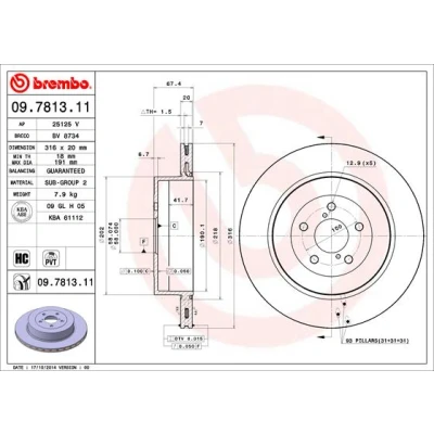 Kuva BREMBO COATED DISC LINE 09.7813.11 Jarrulevyt 316 20 5 tuuletettu sisältä pinnoitettu hiiliteräs SUBARU: Impreza II Sedan