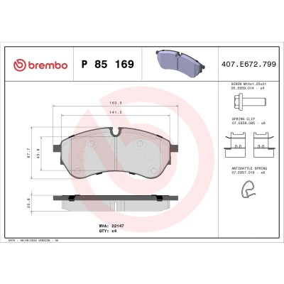 Kuva BREMBO P 85 169 Jarrupalat Kulumisenilmaisemelle Jarrusatulan ruuveilla Tarvikkeilla VOLKSWAGEN: Crafter Van, Bussi, MAN: TGE Umpikori