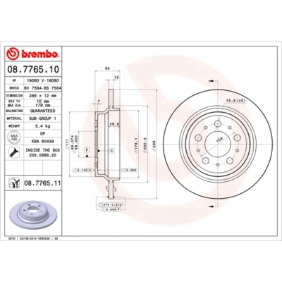 Kuva BREMBO COATED DISC LINE 08.7765.11 Jarrulevyt 288 12 5 täysi pinnoitettu Ruuveilla VOLVO: V70 2, XC70 I Cross Country, S60