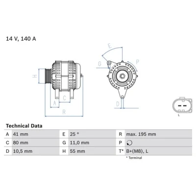 Kuva BOSCH 0 986 046 210 Laturi 14V 140A FIAT: Ducato III Van, II Bussi, IVECO: DAILY 5 Pritsche/Fahrgestell, 3 Bus