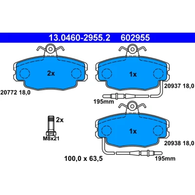 Kuva ATE 13.0460 2955.2 Jarrupalat Sis. kulumisenilmaisimen Jarrusatulan ruuveilla PEUGEOT: 205 II Hatchback, I 309 Hatchback