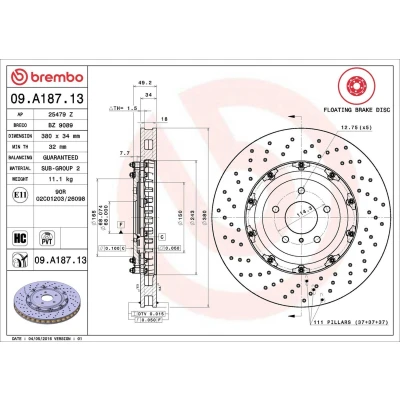 Kuva BREMBO TWO PIECE FLOATING DISCS LINE 09.A187.13 Jarrulevyt 380 34 5 kaksiosainen jarrulevy, rei&#039;itetty/tuuletettu sisältä pinnoitettu hiiliteräs