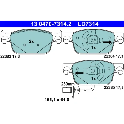 Kuva ATE 13.0470 7314.2 Jarrupalat kulumisvaroitinkoskettimella AUDI: A4 B9 Avant, Sedan, A5 Coupe