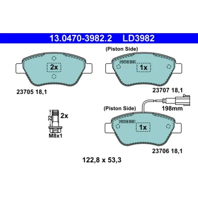 Kuva ATE Ceramic 13.0470 3982.2 Jarrupalat Sis. kulumisenilmaisimen Jarrusatulan ruuveilla FIAT: BRAVO 2, Stilo Multi Wagon, Hatchback
