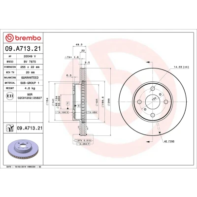Kuva BREMBO 09.A713.21 Jarrulevyt 255 22 4 tuuletettu sisältä pinnoitettu TOYOTA: Corolla IX Sedan, Station Wagon