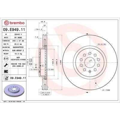 Kuva BREMBO Jarrulevy SKODA: Enyaq IV SUV 340mm 27mm 9 tuuletettu sisältä pinnoitettu hiiliteräs 09.E949.11 1EA615301A Jarrulevyt