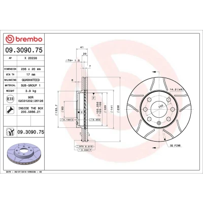 Kuva BREMBO MAX LINE 09.3090.75 Jarrulevyt 236 20 4 tuuletettu sisältä, lovella pinnoitettu Ruuveilla CHEVROLET: Kalos Hatchback