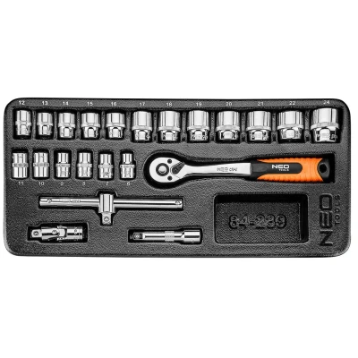 Kuva NEO TOOLS 84 239 Työkalusarjalaatikko 22 6,7,8,9,10,11,12, 13,14,15,16,17,18, 19,20,21,22,24 mm Kromi vanadium teräs Kuusikulma 3/8