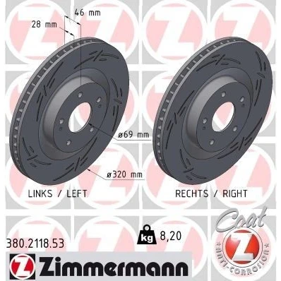 Kuva ZIMMERMANN Jarrulevy MITSUBISHI: OUTLANDER 3 28mm 7/5 5 aukko 114mm tuuletettu sisältä, lovella pinnoitettu 380.2118.53 4615A230 Jarrulevyt