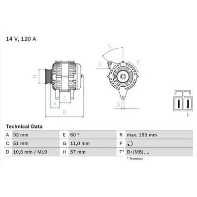 Kuva BOSCH 0 986 081 060 Laturi 14V 120A KIA: cee‘d I Farmari, Cerato Sedan, RIO 2