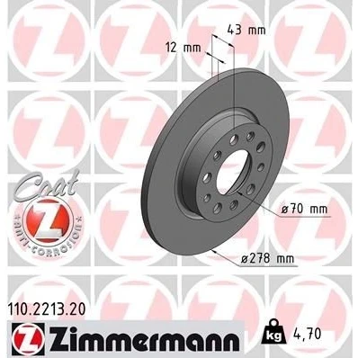 Kuva ZIMMERMANN COAT Z 110.2213.20 Jarrulevyt 278 12 10/5 5 110 täysi pinnoitettu ALFA ROMEO: 159 Sportwagon, Giulietta Hatchback, Sedan, FIAT: 500X