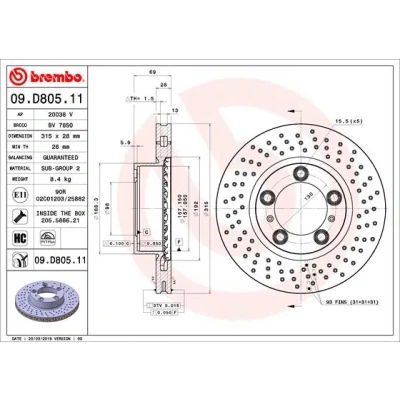 Kuva BREMBO 09.D805.11 Jarrulevyt 315 28 5 rei&#039;itetty/tuuletettu sisältä pinnoitettu hiiliteräs Ruuveilla PORSCHE: Cayman