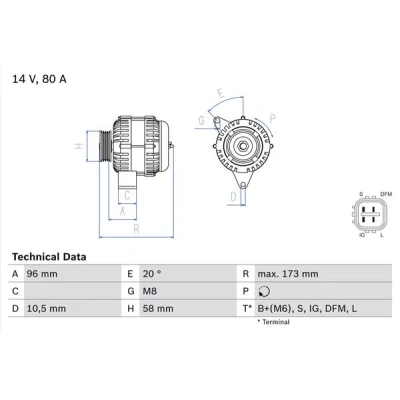 Kuva BOSCH 0 986 082 040 Laturi 14V 80A TOYOTA: HIACE 4 Kasten, HILUX 3 Pick up, Land Cruiser Prado 120