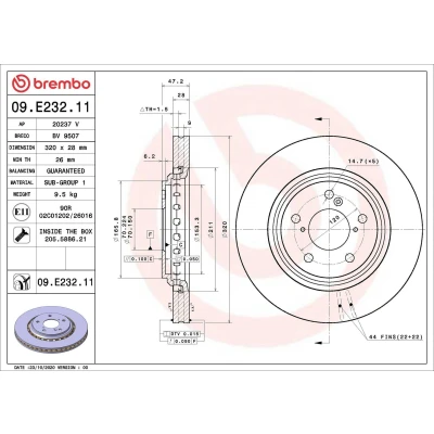 Kuva BREMBO 09.E232.11 Jarrulevyt 320 28 5 tuuletettu sisältä pinnoitettu Ruuveilla