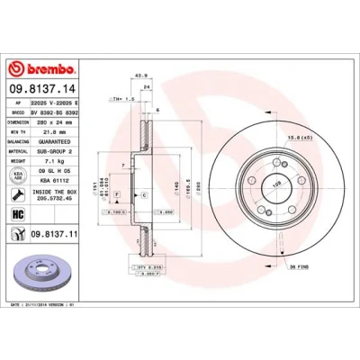 Kuva BREMBO 09.8137.11 Jarrulevyt 280 24 5 tuuletettu sisältä pinnoitettu hiiliteräs Ruuveilla RENAULT: MEGANE 2 Kombi, Stufenheck, Scénic 1