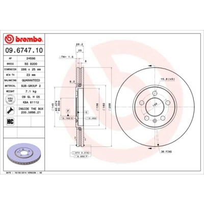 Kuva BREMBO 09.6747.10 Jarrulevyt 288 25 5 tuuletettu sisältä Ruuveilla VOLKSWAGEN: GOLF 3, Passat B3/B4 Sedan, Variant