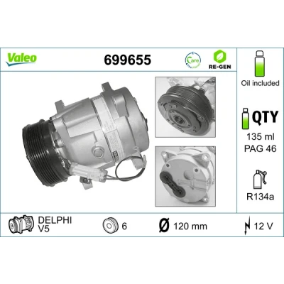 Kuva VALEO 699655 Ilmastoinnin Kompressori V5 12V PAG 46 R134a kompressoriöljyllä REMANUFACTURED