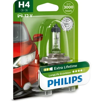 Kuva Halogeenilamppu PHILIPS LongLife EcoVision H4 P43t 38 BMW, ROVER, HONDA, DACIA, LAND JEEP, SUBARU, VOLVO, SSANGYONG, PLYMOUTH, SUZUKI, AUSTI