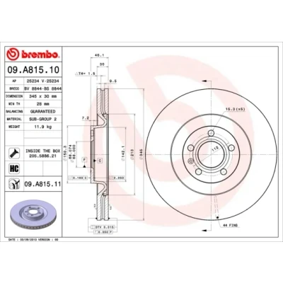 Kuva BREMBO COATED DISC LINE 09.A815.11 Jarrulevyt 345 30 5 tuuletettu sisältä pinnoitettu hiiliteräs Ruuveilla AUDI: A4 B7 Avant, Sedan, B6 Sedan