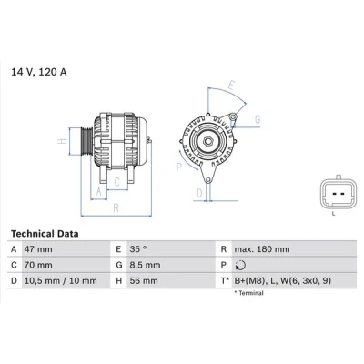 Kuva BOSCH 0 986 043 091 Laturi 14V 120A RENAULT: Scénic 1, Megane I Grandtour, VOLVO: V40 Farmari, S40