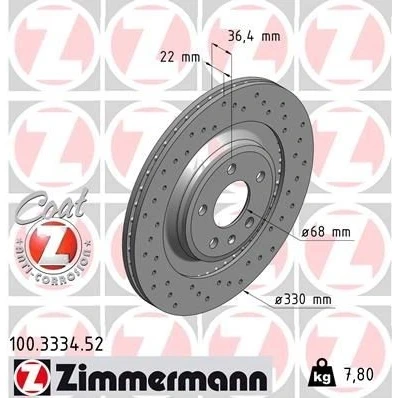 Kuva ZIMMERMANN SPORT COAT Z 100.3334.52 Jarrulevyt 330 22 6/5 5 112 Tuuletettu, ulko, reijitetty pinnoitettu hiiliteräs AUDI: A4 B8 Avant, Q5