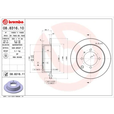 Kuva BREMBO COATED DISC LINE 08.8316.11 Jarrulevyt 262 10 4 täysi pinnoitettu MITSUBISHI: Lancer 7, 7 Limousine, Galant 6
