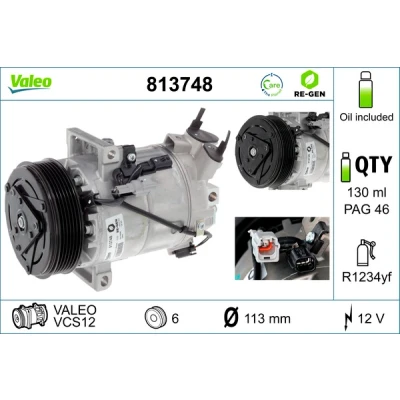 Kuva VALEO 813748 Ilmastoinnin Kompressori VCS12 12 PAG 46 R 1234yf kompressoriöljyllä PEUGEOT: 308 II Hatchback