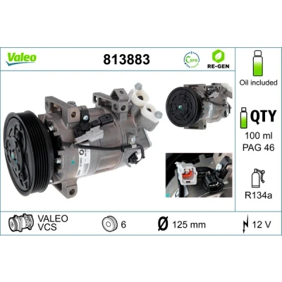Kuva VALEO REMANUFACTURED 813883 Ilmastoinnin Kompressori VCS 12 PAG 46 R 134a kompressoriöljyllä RENAULT: Clio 4