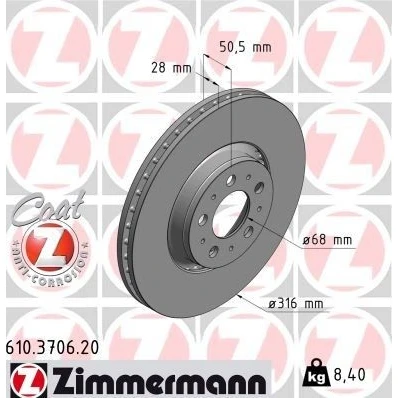 Kuva ZIMMERMANN COAT Z 610.3706.20 Jarrulevyt 316 28 10/5 5 108 Tuuletettu, ulko pinnoitettu VOLVO: V70 2, XC90 I, S60 I