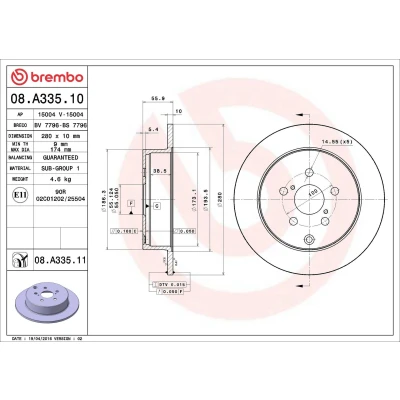 Kuva BREMBO COATED DISC LINE 08.A335.11 Jarrulevyt 280 10 5 täysi pinnoitettu TOYOTA: Avensis II Station Wagon, Sedan, Hatchback