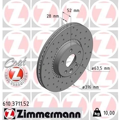 Kuva ZIMMERMANN SPORT COAT Z 610.3711.52 Jarrulevyt 316 28 6/5 5 108 Tuuletettu, ulko, reijitetty pinnoitettu VOLVO: S60 II, V60 I, V70 3, FORD: S Max Mk1