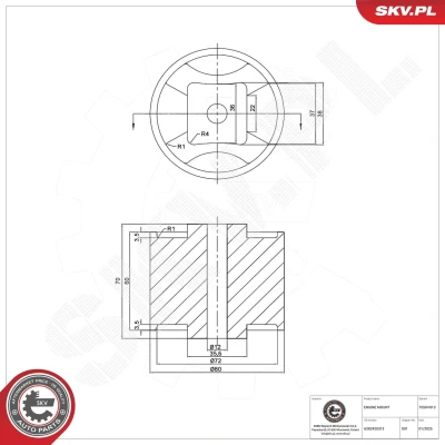 Kuva ESEN SKV 75SKV013 Moottorin Kumityyny Oikea Kumimetallilaakeri Alumiini, Kumi 168mm 70mm