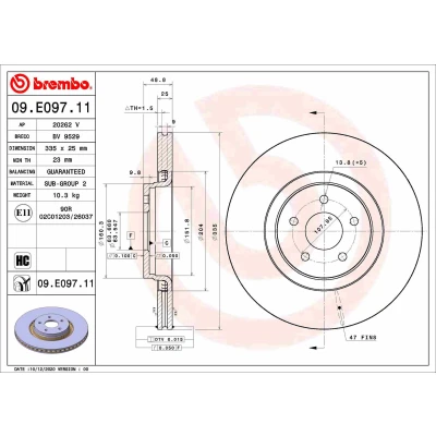 Kuva BREMBO 09.E097.11 Jarrulevyt 335 25 5 tuuletettu sisältä pinnoitettu hiiliteräs FORD: FOCUS 3 Turnier,