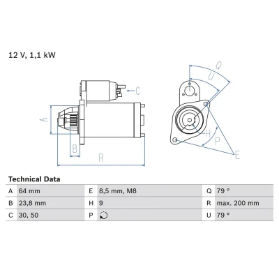 Kuva BOSCH 0 986 021 240 Starttimoottori 12 1,1 9 OPEL: Combo C Van / Farmari, Astra H Caravan, Hatchback, FIAT: Punto II Hatchback