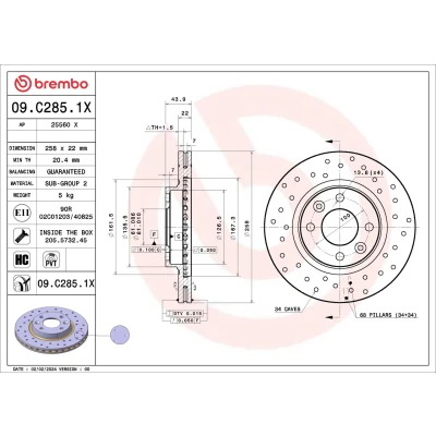 Kuva 2x BREMBO Jarrulevy RENAULT: Clio 4, V Hatchback, DACIA: LOGAN MCV 2, Sandero I Xtra 258mm 22mm 4 rei&#039;itetty/tuuletettu