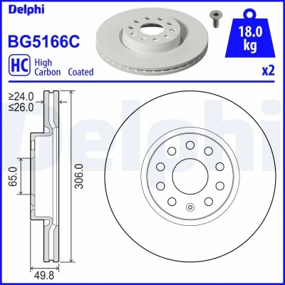 Kuva DELPHI Jarrulevy 26mm 5 Tuuletettu pinnoitettu hiiliteräs BG5166C 5WA615301 Jarrulevyt