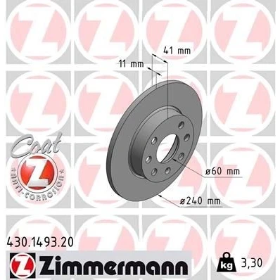 Kuva ZIMMERMANN COAT Z 430.1493.20 Jarrulevyt 240 11 7/4 4 100 täysi pinnoitettu OPEL: Corsa C Hatchback