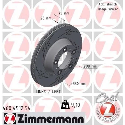 Kuva ZIMMERMANN Jarrulevy 330mm 28mm 10/5 5 aukko 130mm tuuletettu sisältä, lovella pinnoitettu 460.4512.54 99135240301,9P1615601 Jarrulevyt