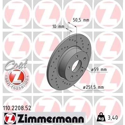 Kuva ZIMMERMANN SPORT COAT Z 110.2208.52 Jarrulevyt 252 10 6/5 5 98 täysi, reijitetty pinnoitettu ALFA ROMEO: 156 Sedan, 147, Sportwagon