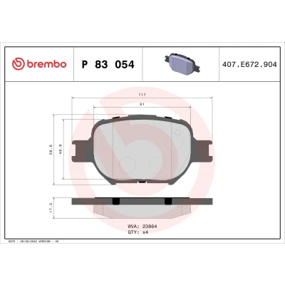 Kuva BREMBO P 83 054 Jarrupalat Ilman kulumisenilmaisinta tarvikkeita TOYOTA: Corolla IX Hatchback, Station Wagon, Sedan