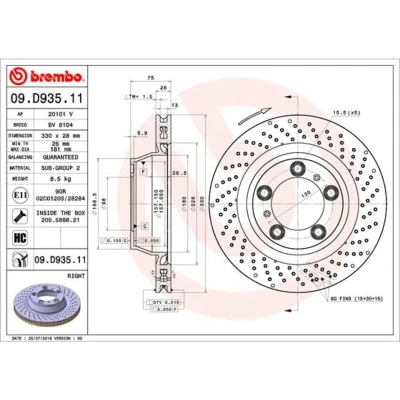 Kuva BREMBO Jarrulevy 28mm 5 rei&#039;itetty/tuuletettu sisältä pinnoitettu hiiliteräs Ruuveilla 09.D935.11 91135240200,99135240200 Jarrulevyt