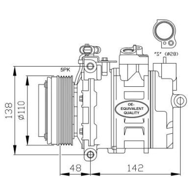 Kuva NRF 32116 Ilmastoinnin Kompressori 7SBU16C 12 PAG 46 kompressoriöljyllä, Tiivisterenkaalla